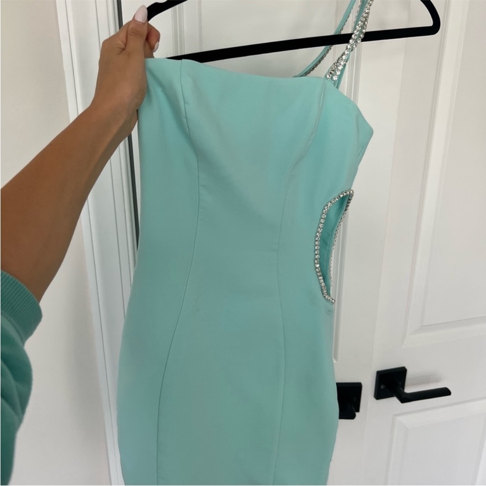 Oh Polly One Shoulder Aqua Dress with Rhinestone Detail